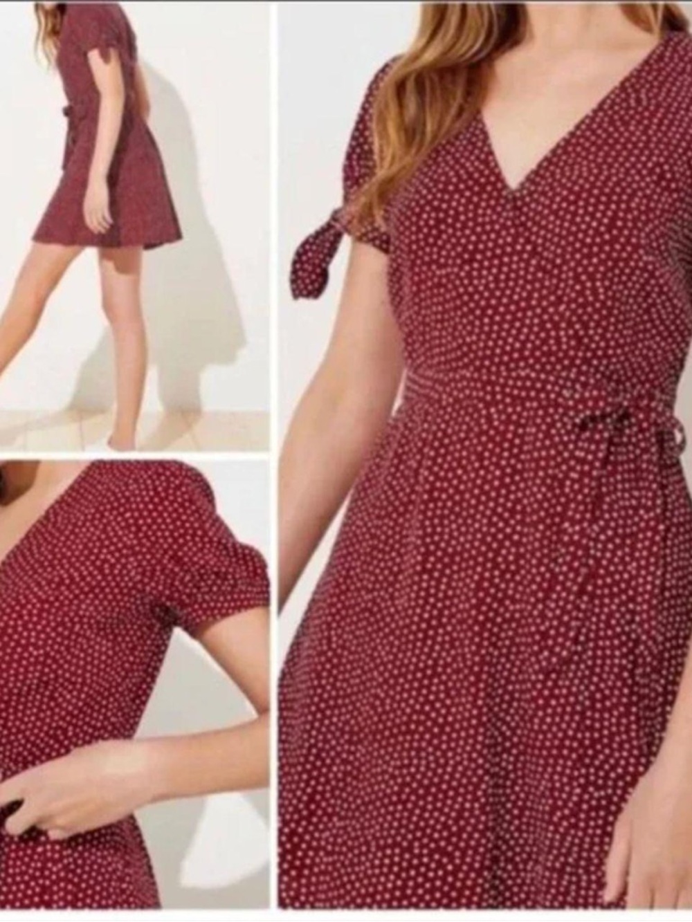 Loft maroon and white polka dot wrap romper